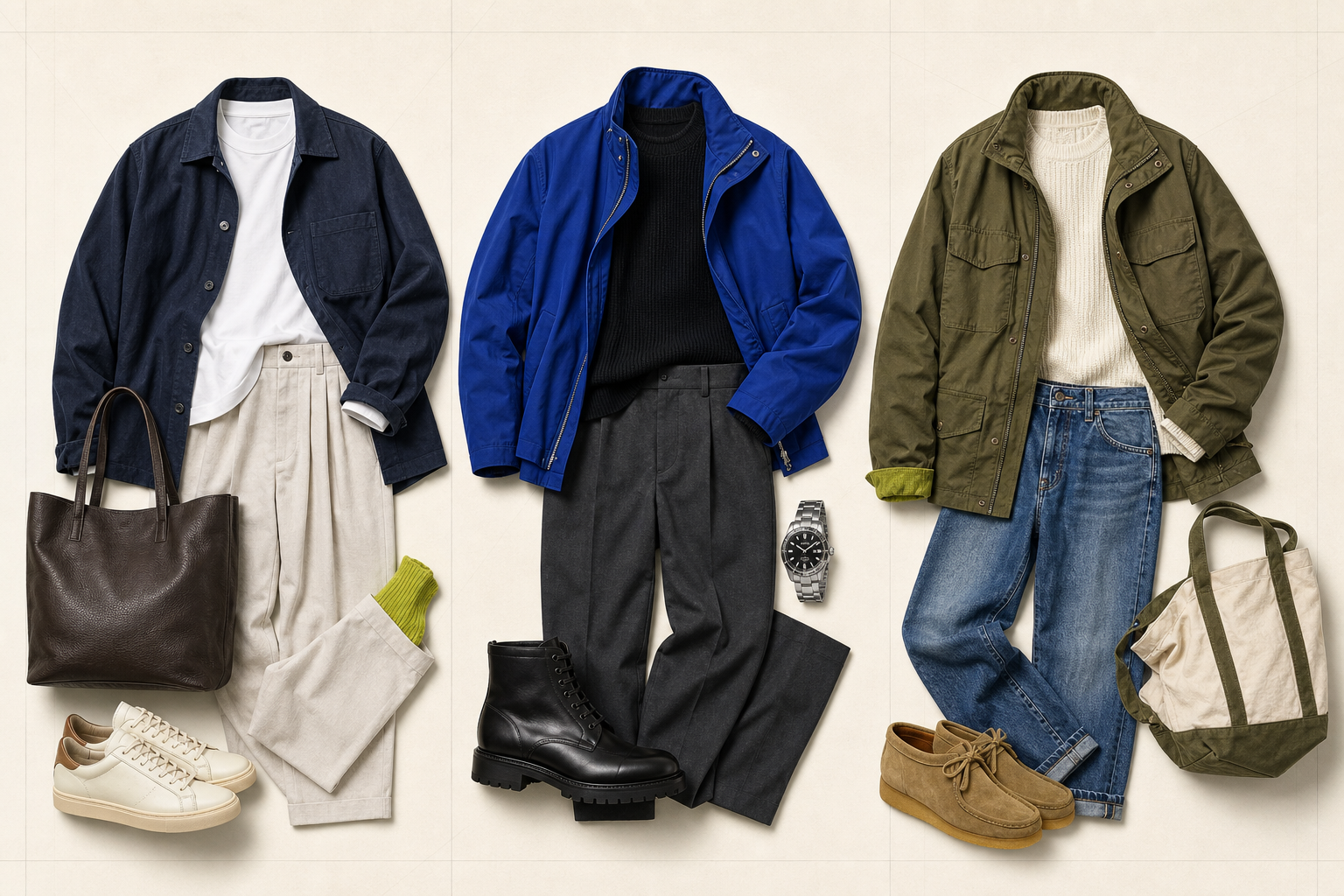 Three coordinated outfit sets arranged from individual garments and accessories